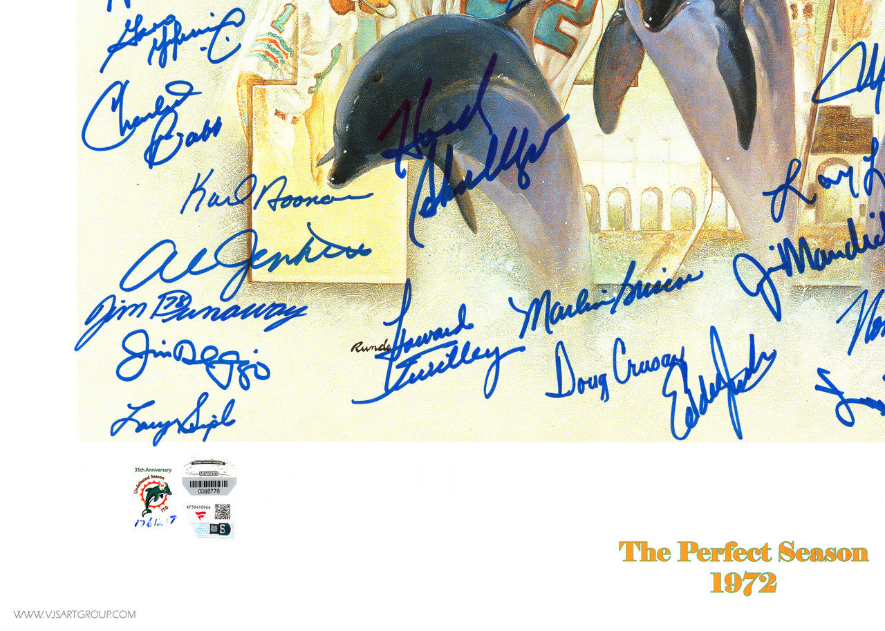1972 Miami Dolphins Perfect Season Team Autographed 24x24 Lithograph Photo With 40+ Signatures Including Don Shula & Bob Griese #/217 Fanatics Holo Stock #246182