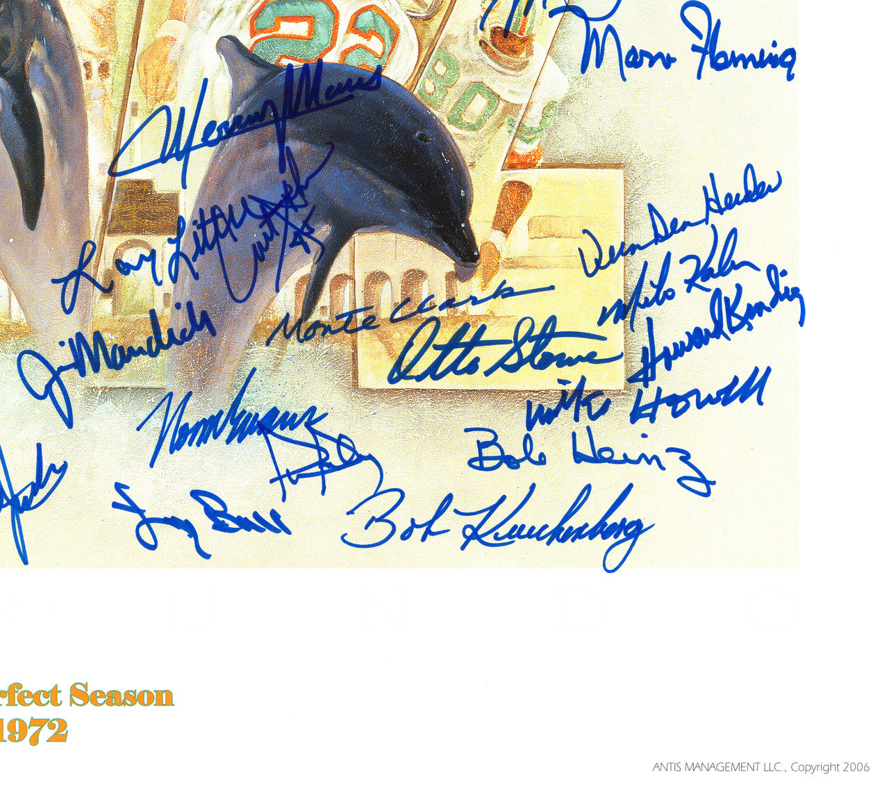 1972 Miami Dolphins Perfect Season Team Autographed 24x24 Lithograph Photo With 40+ Signatures Including Don Shula & Bob Griese #/217 Fanatics Holo Stock #246182