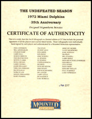 1972 Miami Dolphins Perfect Season Team Autographed 24x24 Lithograph Photo With 40+ Signatures Including Don Shula & Bob Griese #/217 Fanatics Holo Stock #246182