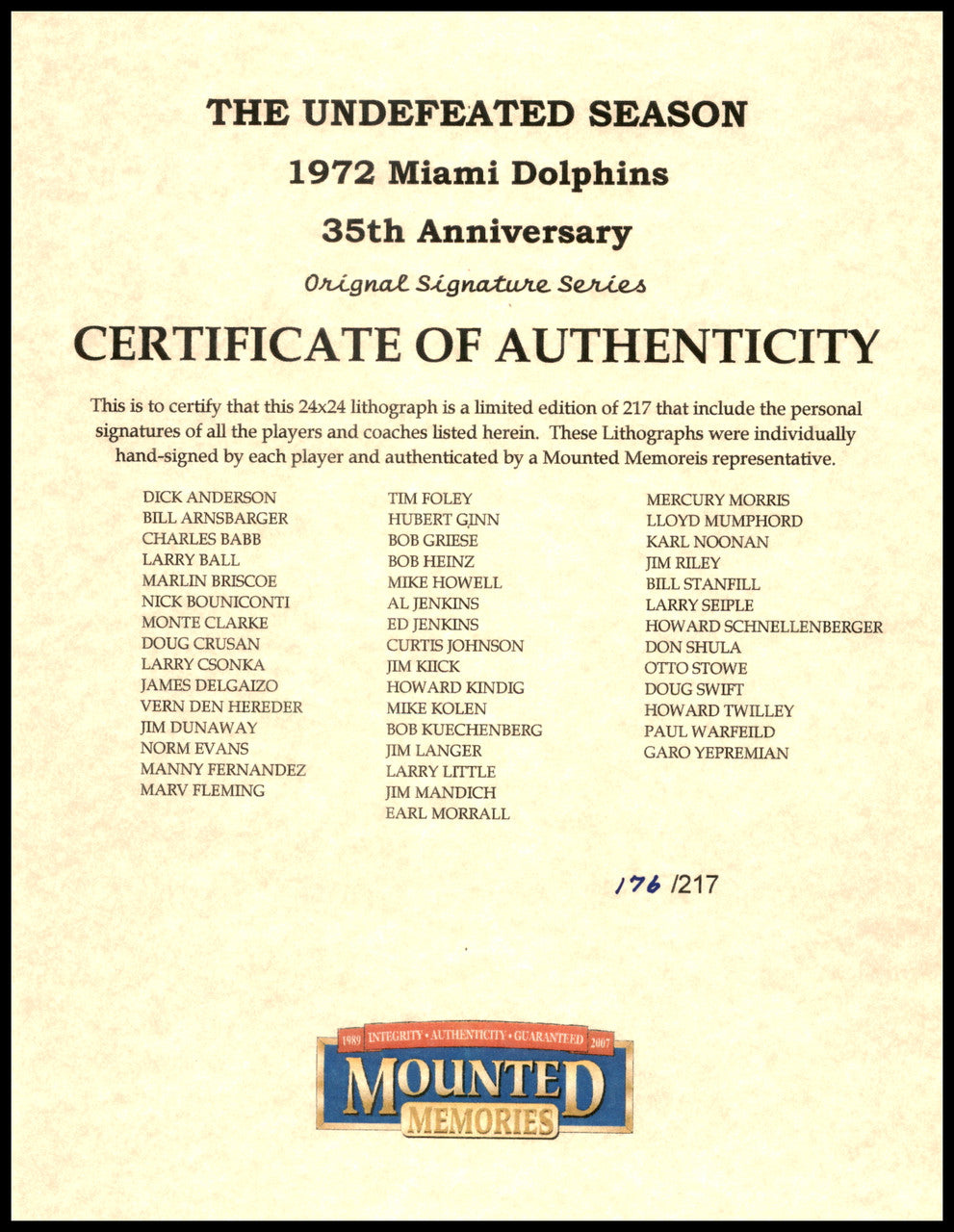 1972 Miami Dolphins Perfect Season Team Autographed 24x24 Lithograph Photo With 40+ Signatures Including Don Shula & Bob Griese #/217 Fanatics Holo Stock #246182