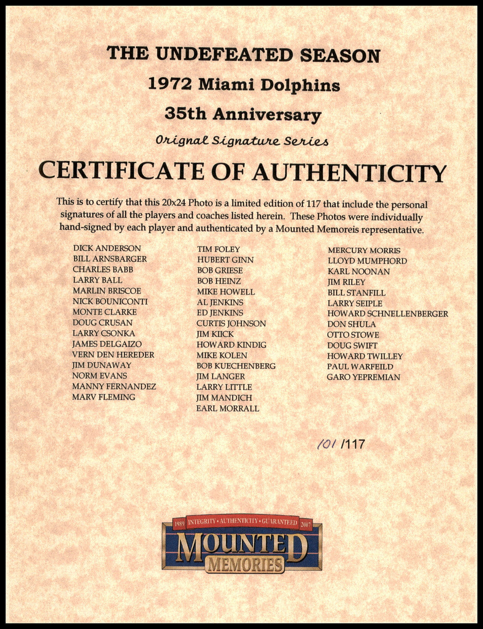 1972 Miami Dolphins Perfect Season Team Autographed 20x24 Photo With 40+ Signatures Including Don Shula & Bob Griese #/117 Fanatics Holo Stock #246184