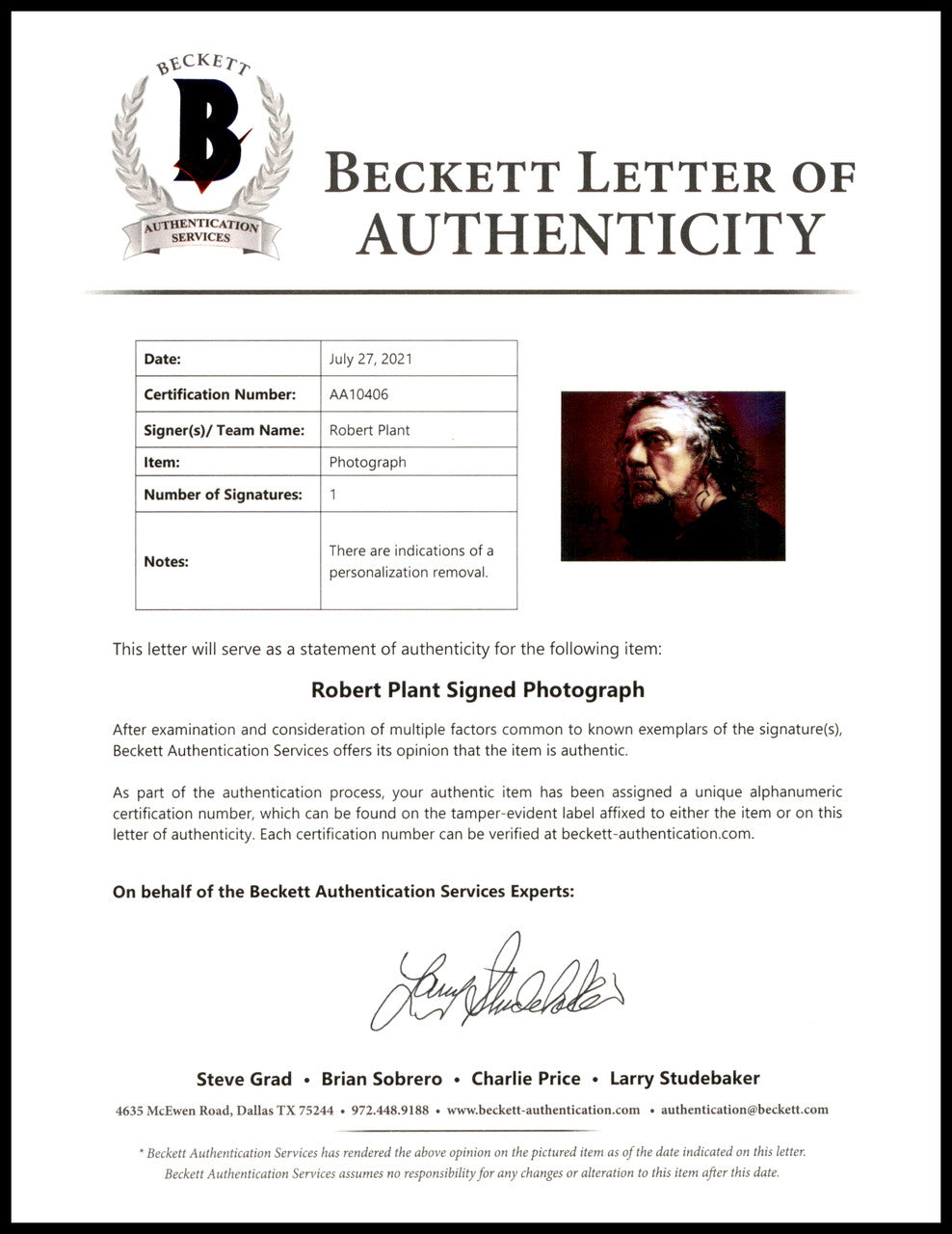 Robert Plant Autographed 8x10 Photo Led Zeppelin (Removed Personalization) Beckett BAS #AA10406