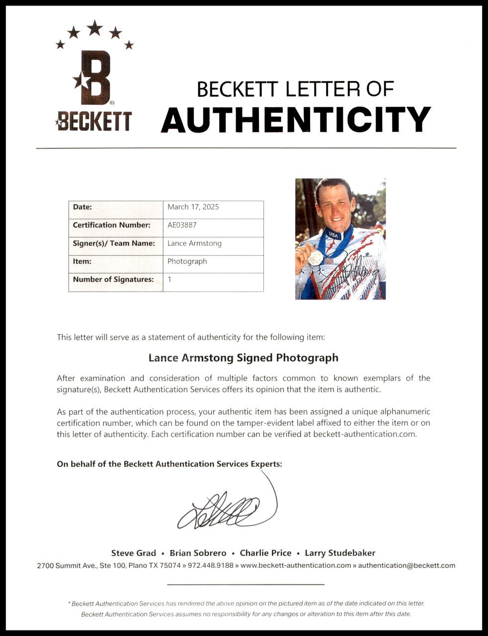 Lance Armstrong Autographed 8x10 Photo Cycling Beckett BAS #AE03887