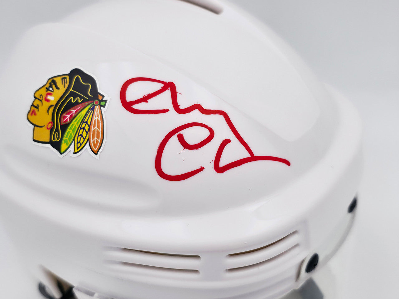 Chevy Chase Autographed Chicago Blackhawks White Speed Mini Helmet Beckett BAS QR #AD34221
