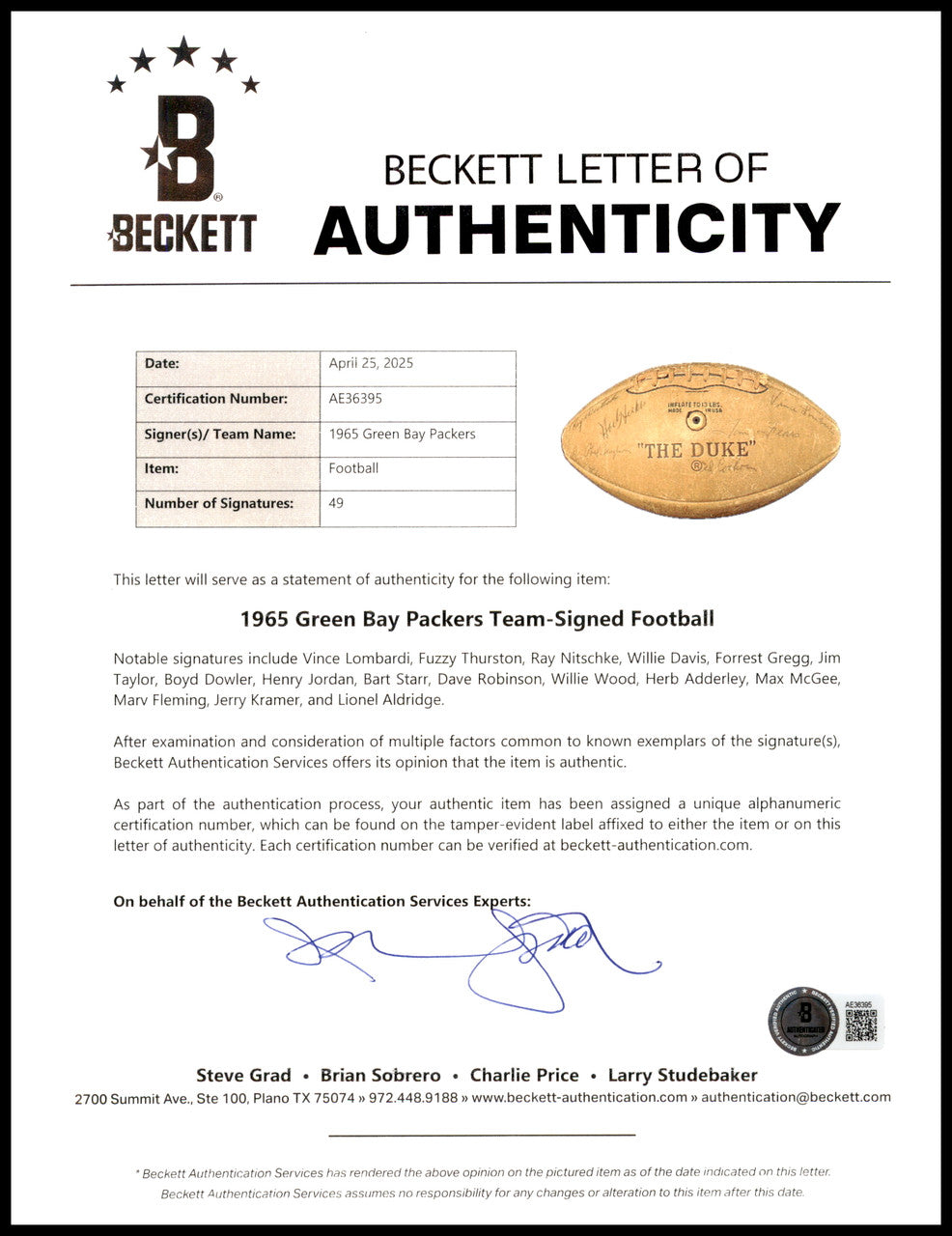 1965 NFL Champion Green Bay Packers Team Autographed Official NFL Leather "The Duke" Football With 49 Signatures Including Vince Lombardi Beckett BAS #AE36395