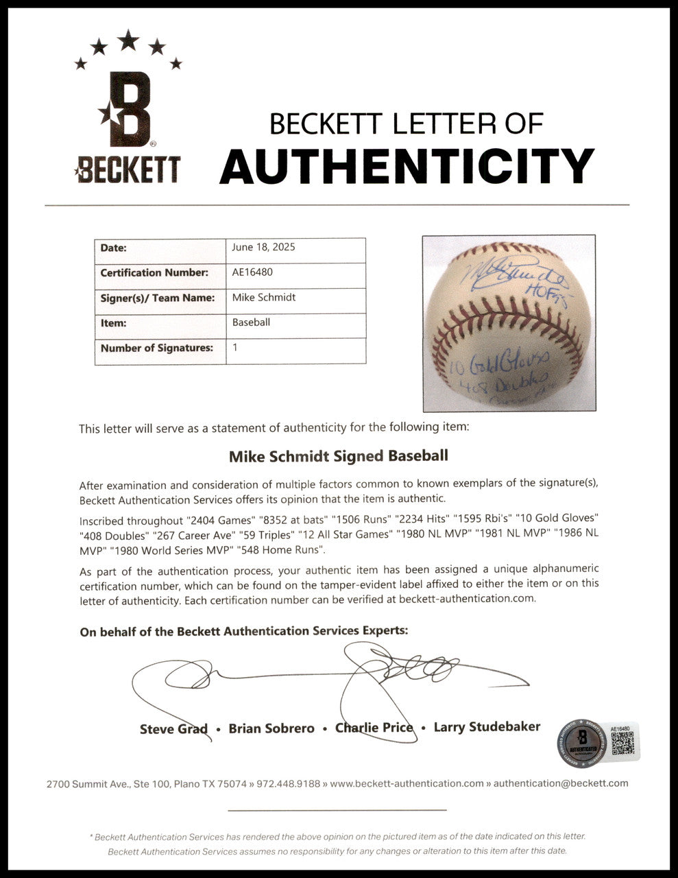 Mike Schmidt Autographed Official MLB Baseball Philadelphia Phillies Statball With 16 Stats #461/1000 Beckett BAS #AE16480