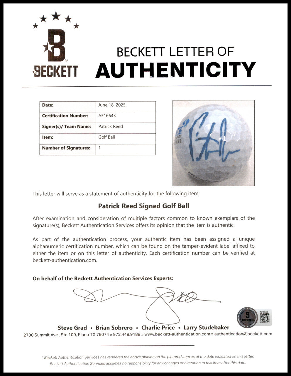 Patrick Reed Autographed Pinnacle Sentry Golf Ball Beckett BAS #AE16643