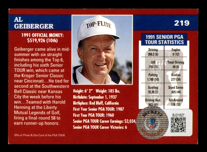 Al Geiberger Autographed 1992 Pro Set Card #219 "Mr. 59" Beckett BAS QR #BJ21827