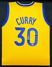 Golden State Warriors Stephen Curry Autographed Framed Yellow Jersey Beckett BAS Stock #266064