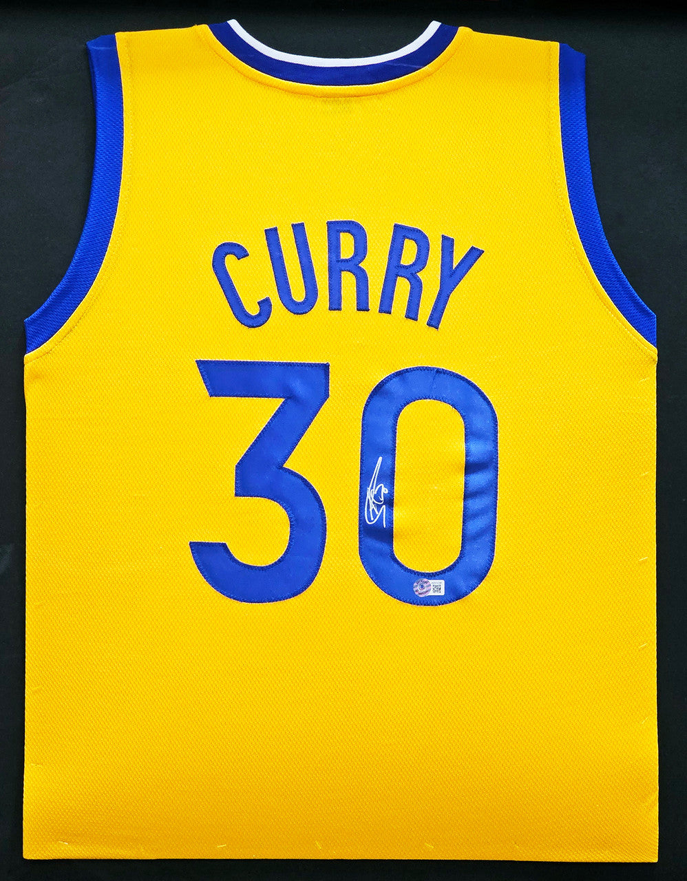 Golden State Warriors Stephen Curry Autographed Framed Yellow Jersey Beckett BAS Stock #266064