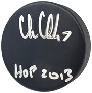 Chris Chelios Autographed Official Chicago Blackhawks Logo Hockey Puck "HOF 2013" Beckett BAS Witness Stock #232841