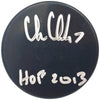 Chris Chelios Autographed Official Chicago Blackhawks Logo Hockey Puck "HOF 2013" Beckett BAS Witness Stock #232841