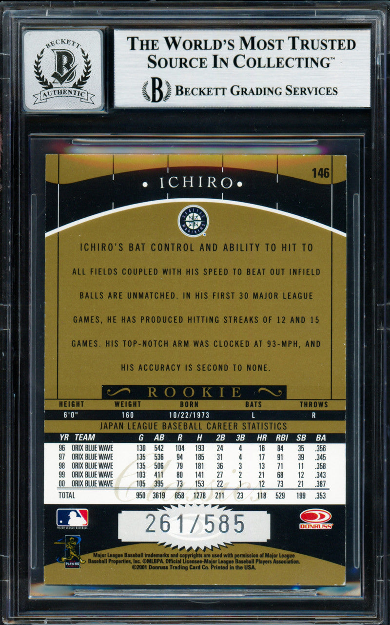 Ichiro Suzuki Autographed 2001 Donruss Classics Rookie Card #146 Seattle Mariners Auto Grade Gem Mint 10 #261/585 Beckett BAS #18282958