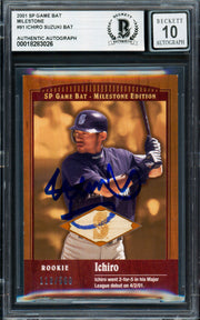 Ichiro Suzuki Autographed 2001 SP Game Bat Milestone Rookie Card #91 Seattle Mariners Auto Grade Gem Mint 10 #118/500 Beckett BAS #18283026