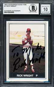 Rick Ricky Wright Autographed 1982 TCMA Card #11 Albuquerque Dukes Auto Grade Gem Mint 10 "To Mike" Beckett BAS #18282850