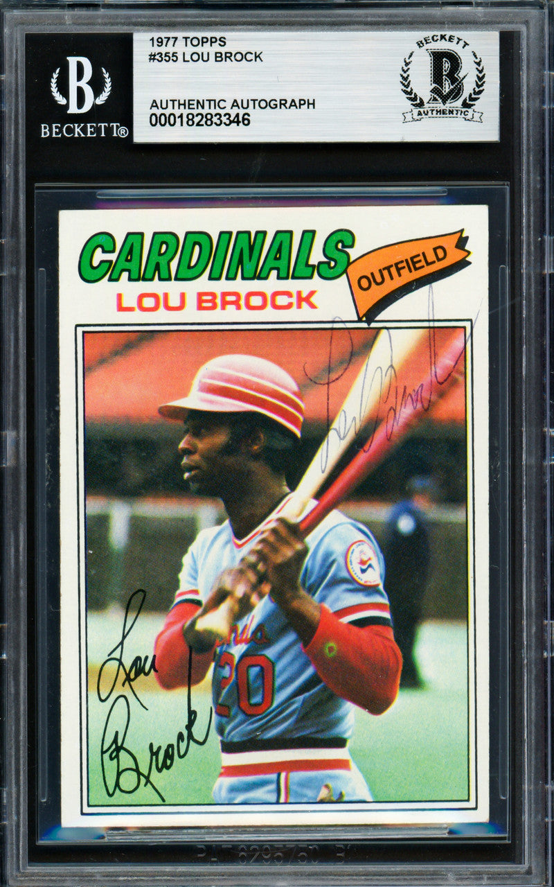 Lou Brock Autographed 1977 Topps Card #355 St. Louis Cardinals Beckett BAS #18283346
