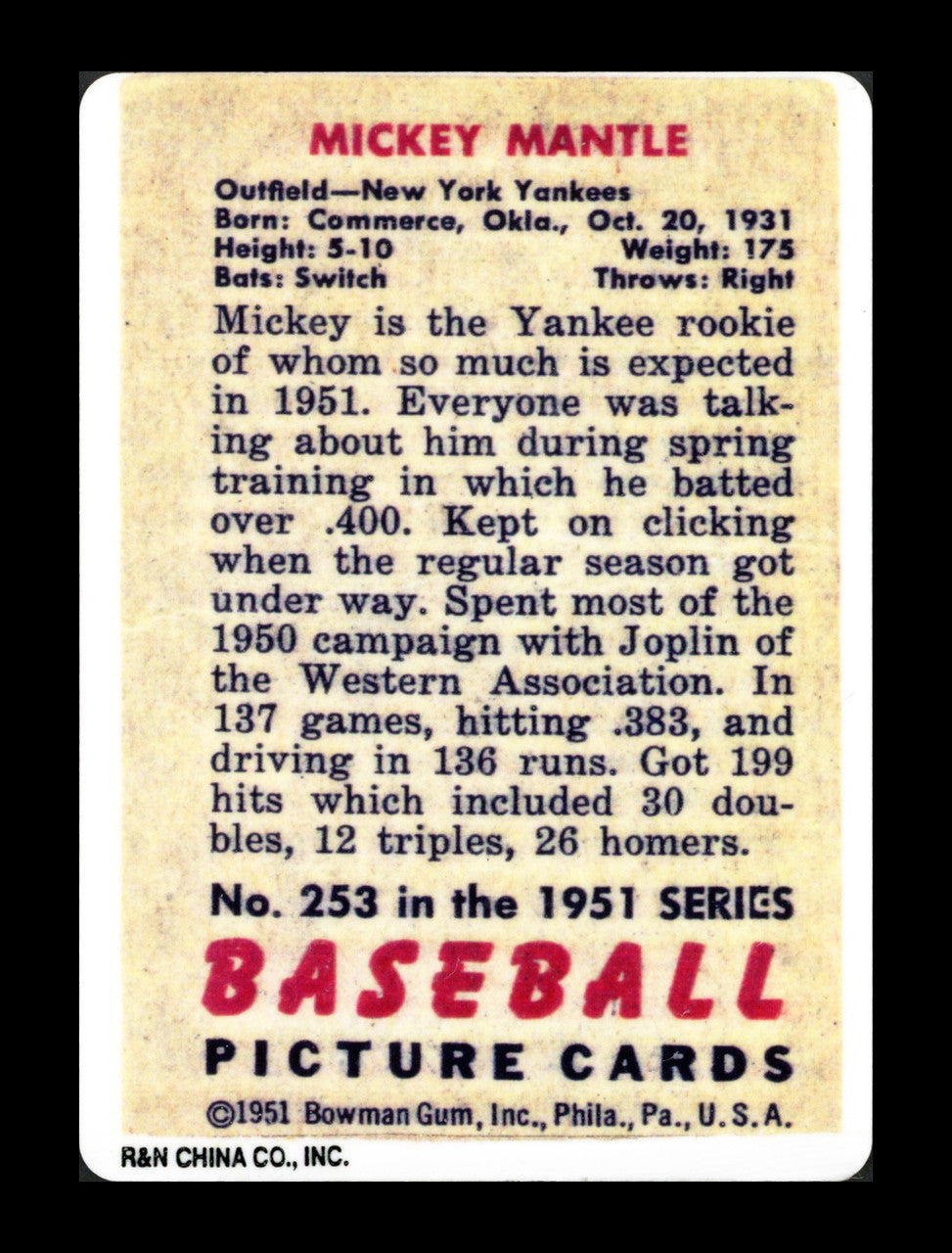 Mickey Mantle Autographed 1951 Bowman Porcelain Rookie Card New York Yankees Auto Grade Near Mint/Mint 8 PSA/DNA #AR06113