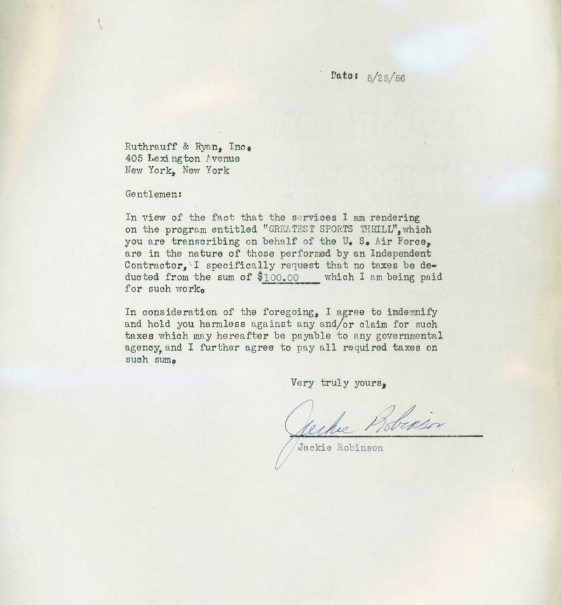 Jackie Robinson Autographed 1956 Greatest Sports Thrill Contract Brooklyn Dodgers Auto Grade Mint 9 Beckett BAS #18284163