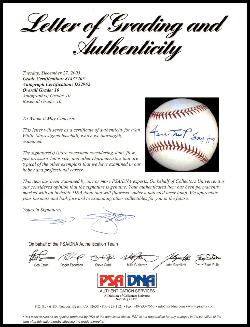 Willie Mays Autographed Official MLB Baseball San Francisco Giants PSA 10 Auto Grade Gem Mint 10 "Say Hey" (Toned) PSA/DNA #81437205