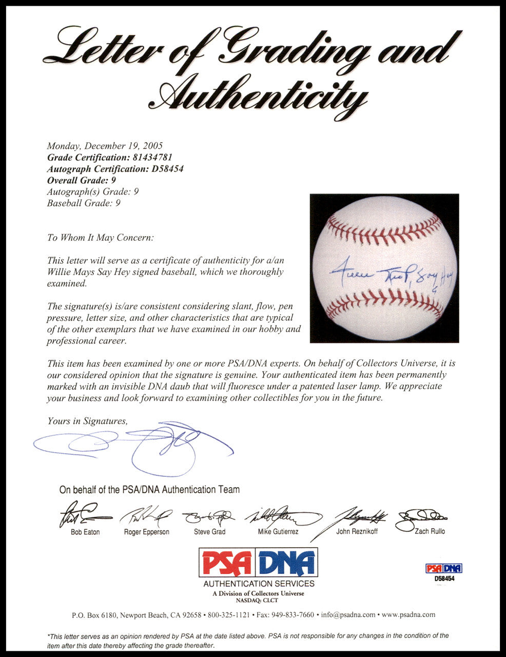 Willie Mays Autographed Official MLB Baseball San Francisco Giants PSA 9 Auto Grade Mint 9 "Say Hey" PSA/DNA #81434781