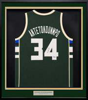 Milwaukee Bucks Giannis Antetokounmpo Autographed Framed Green Jersey Beckett BAS QR Stock #265448