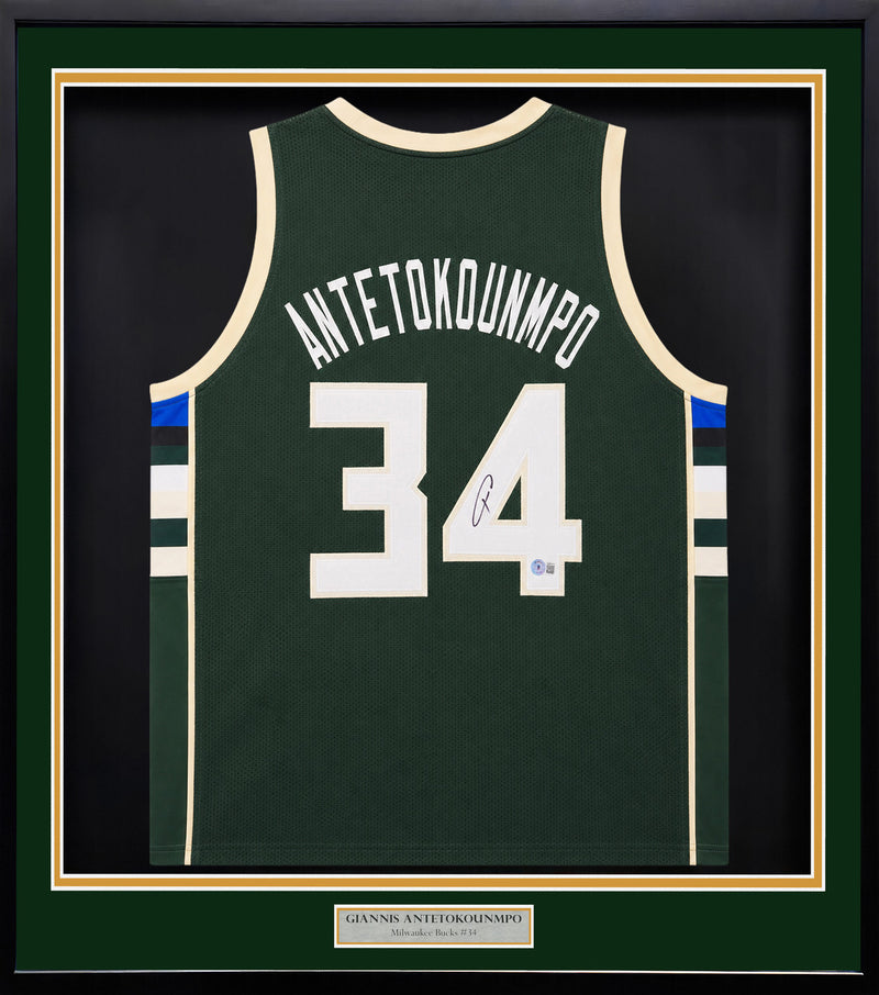Milwaukee Bucks Giannis Antetokounmpo Autographed Framed Green Jersey Beckett BAS QR Stock #265448