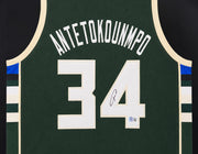 Milwaukee Bucks Giannis Antetokounmpo Autographed Framed Green Jersey Beckett BAS QR Stock #265448