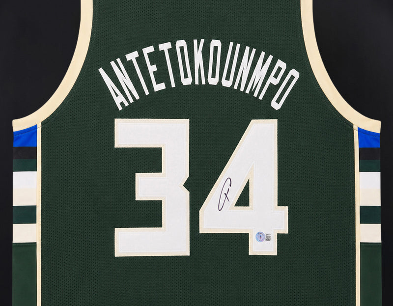 Milwaukee Bucks Giannis Antetokounmpo Autographed Framed Green Jersey Beckett BAS QR Stock #265448