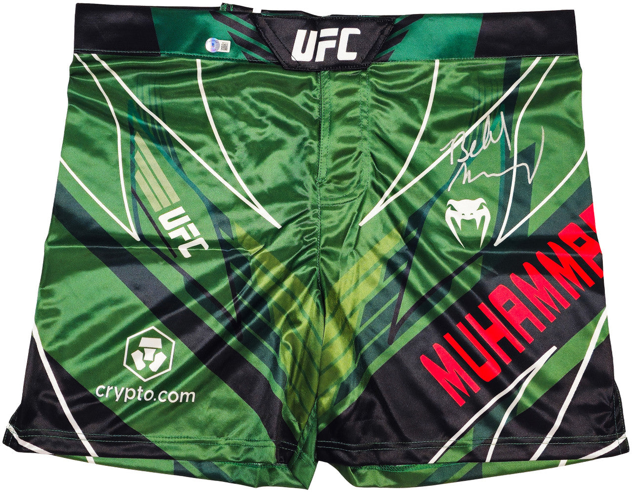 Belal Muhammad Autographed Green Fight Shorts Beckett BAS Witness Stock #233365