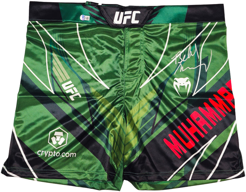 Belal Muhammad Autographed Green Fight Shorts Beckett BAS Witness Stock #233365