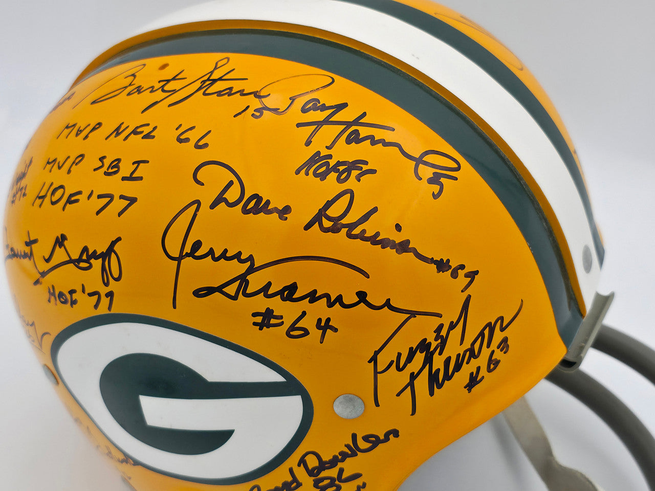 1966 Super Bowl I Champions Green Bay Packers Team Autographed Yellow Full Size Replica Helmet With 32 Signatures Including Bart Starr & Jim Taylor Beckett BAS #AE16656