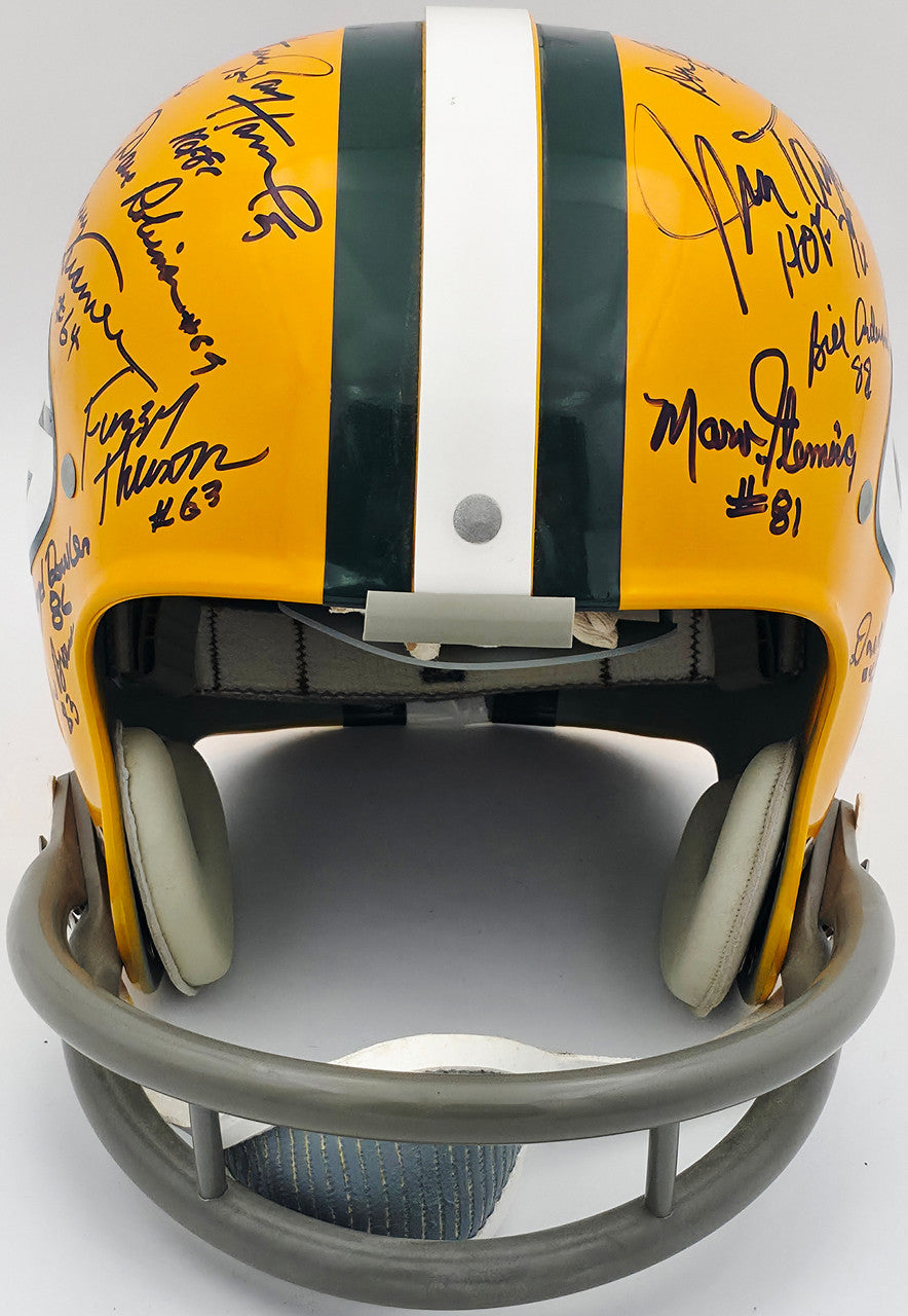 1966 Super Bowl I Champions Green Bay Packers Team Autographed Yellow Full Size Replica Helmet With 32 Signatures Including Bart Starr & Jim Taylor Beckett BAS #AE16656