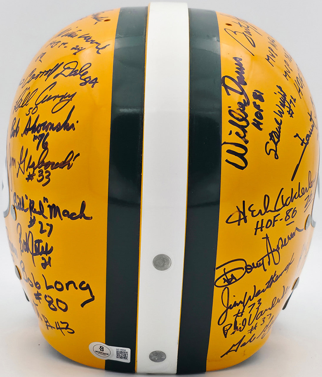 1966 Super Bowl I Champions Green Bay Packers Team Autographed Yellow Full Size Replica Helmet With 32 Signatures Including Bart Starr & Jim Taylor Beckett BAS #AE16656