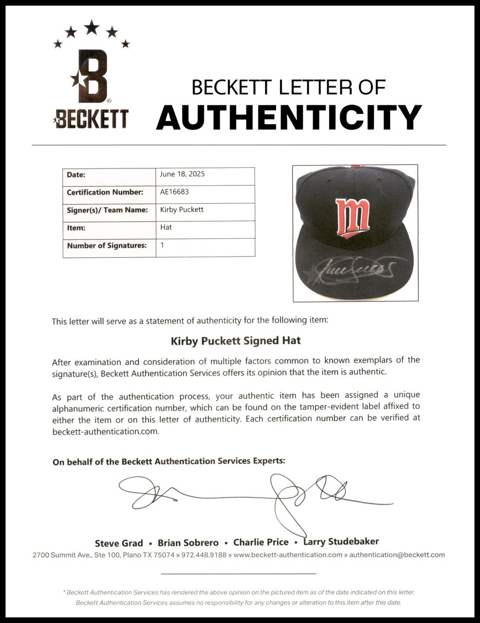 Kirby Puckett Autographed Navy Blue Fleer New Era Hat Minnesota Twins Beckett BAS #AE16683