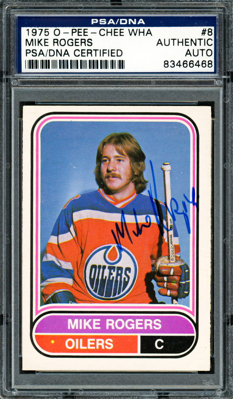 Mike Rogers Autographed 1975-76 O-Pee-Chee WHA Rookie Card #8 Edmonton Oilers PSA/DNA #83466468