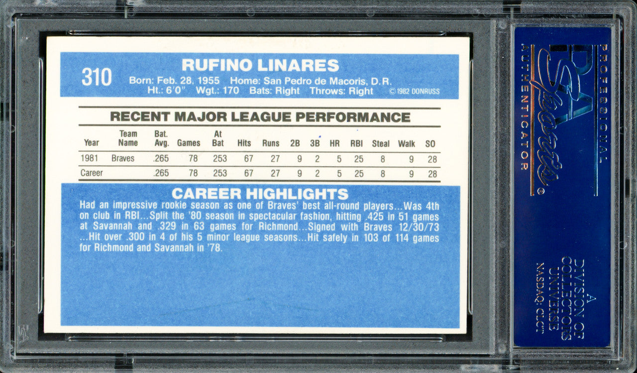 Rufino Linares Autographed 1982 Donruss Card #310 Atlanta Braves PSA/DNA #83308365