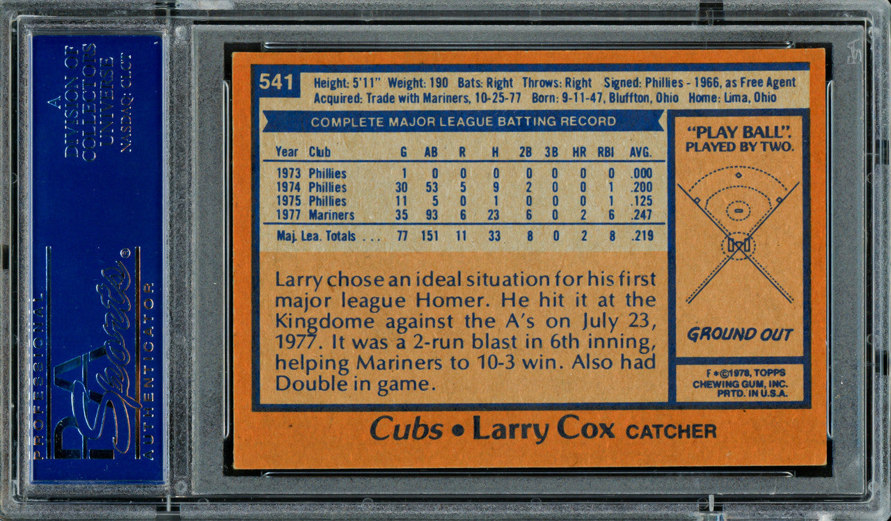Larry Cox Autographed 1978 Topps Card #541 Chicago Cubs PSA/DNA #83308790