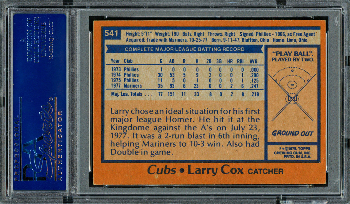 Larry Cox Autographed 1978 Topps Card #541 Chicago Cubs PSA/DNA #83308791