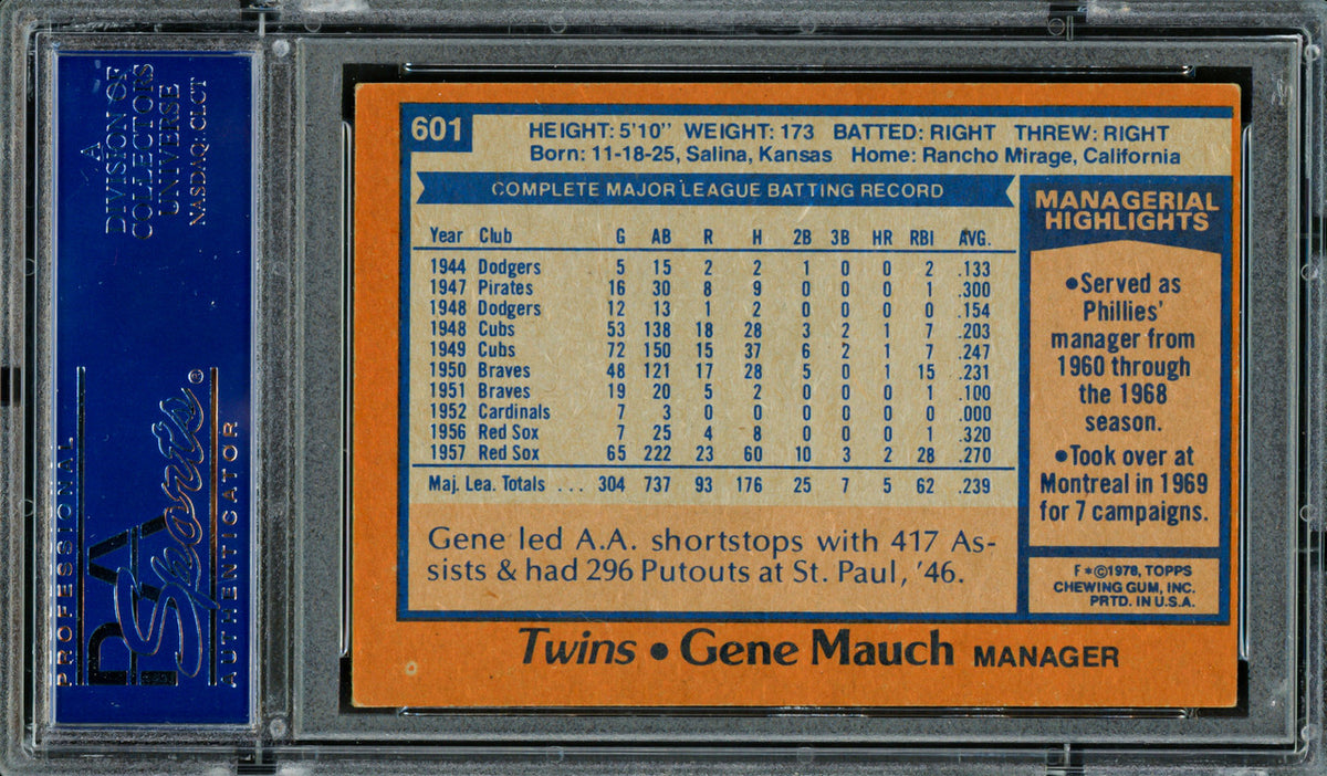 Gene Mauch Autographed 1978 Topps Card #601 Minnesota Twins PSA/DNA #83308853