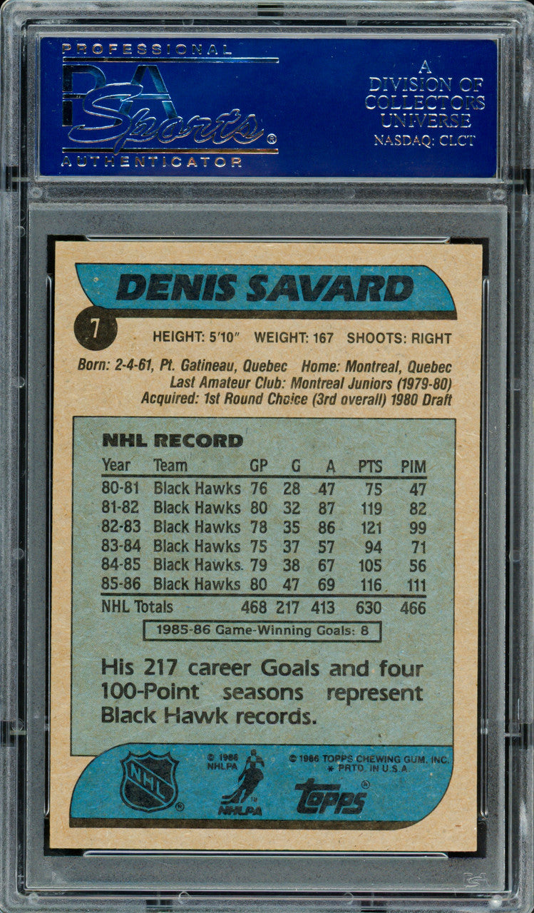 Denis Savard Autographed 1986-87 Topps Card #7 Chicago Blackhawks PSA/DNA #83469082