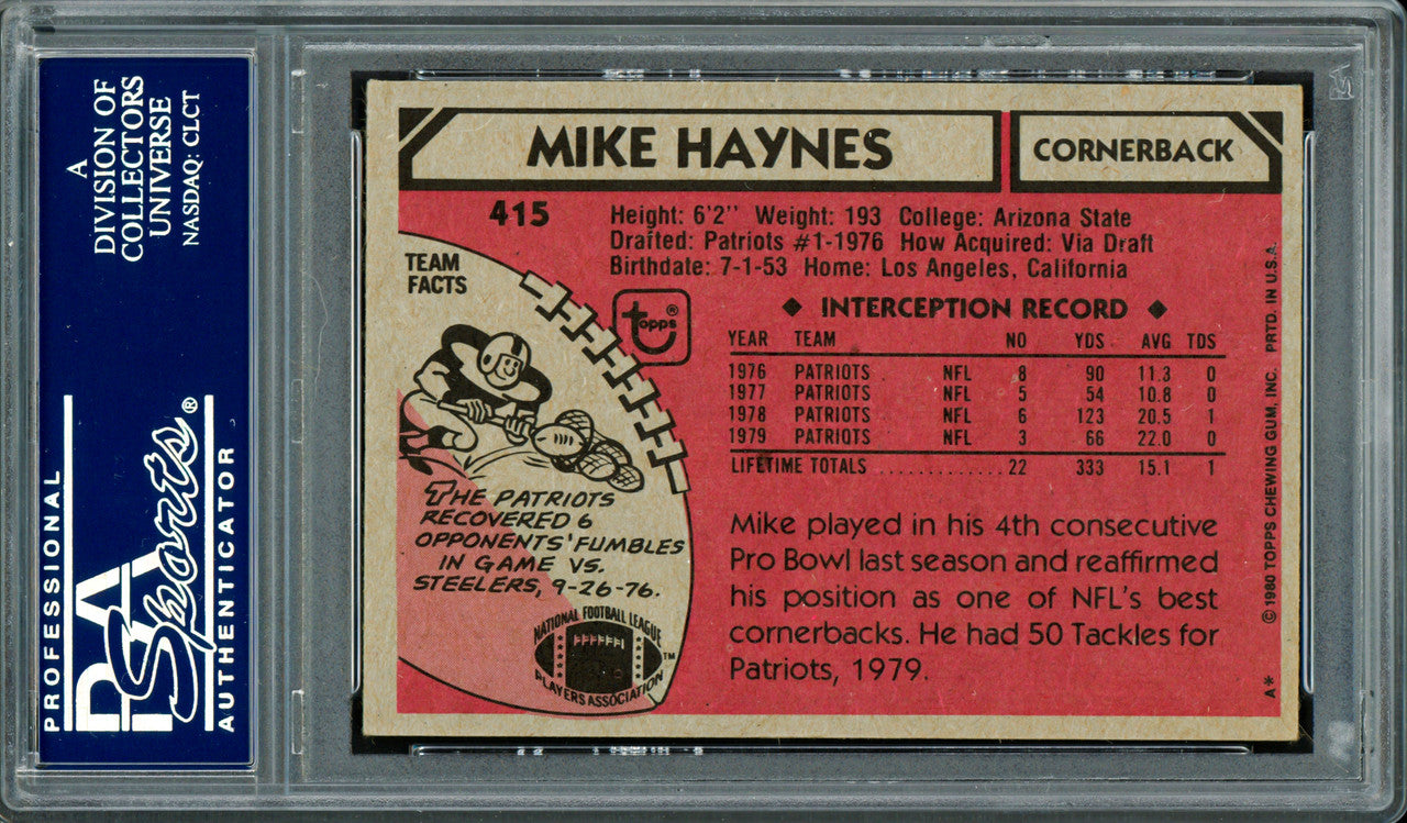 Mike Haynes Autographed 1980 Topps Card #415 New England Patriots PSA/DNA #83712656