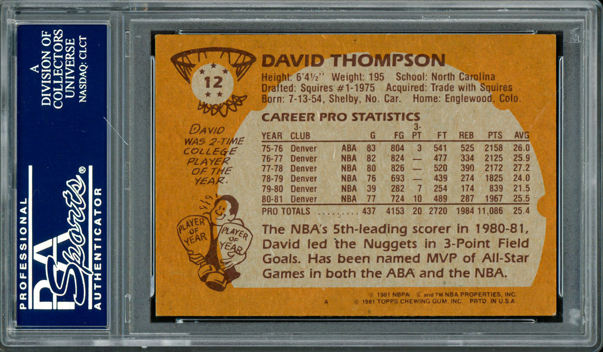 David Thompson Autographed 1981-82 Topps Card #12 Denver Nuggets PSA/DNA #83716708