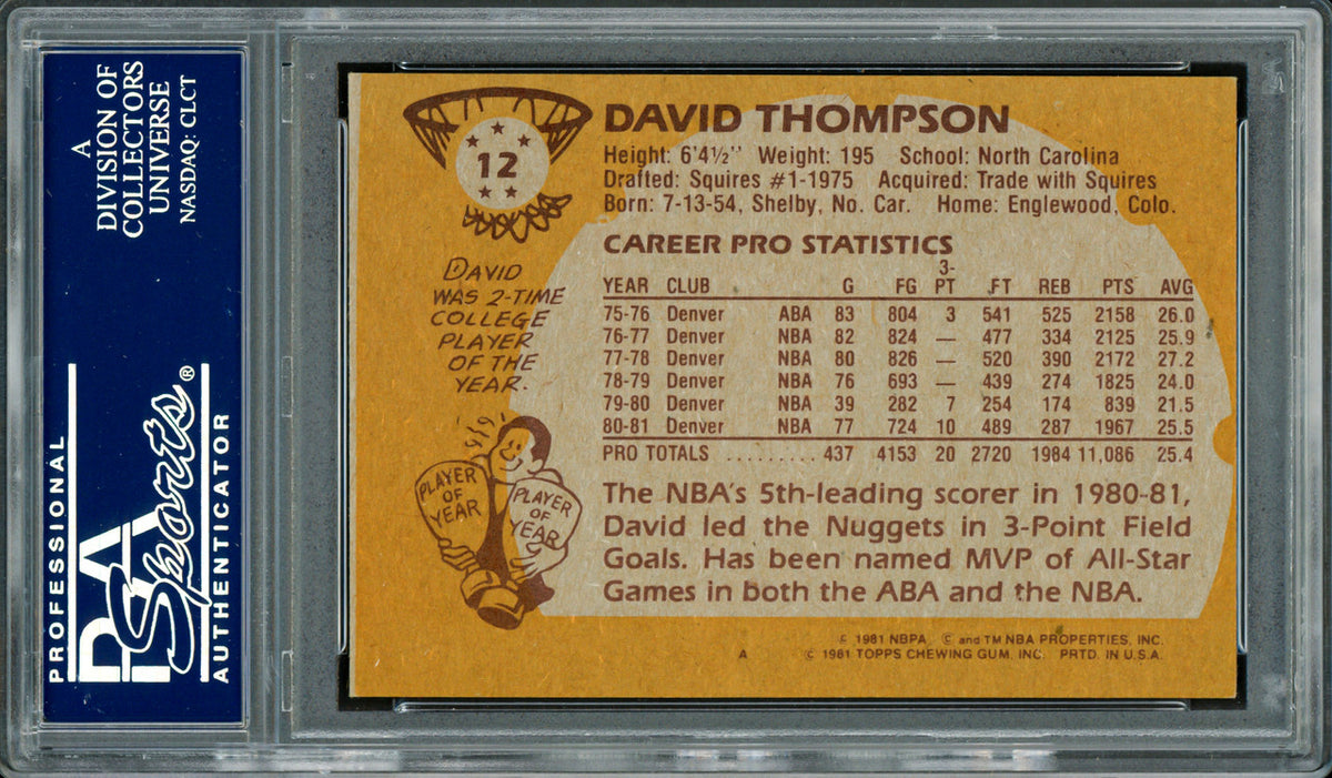 David Thompson Autographed 1981-82 Topps Card #12 Denver Nuggets PSA/DNA #83716706