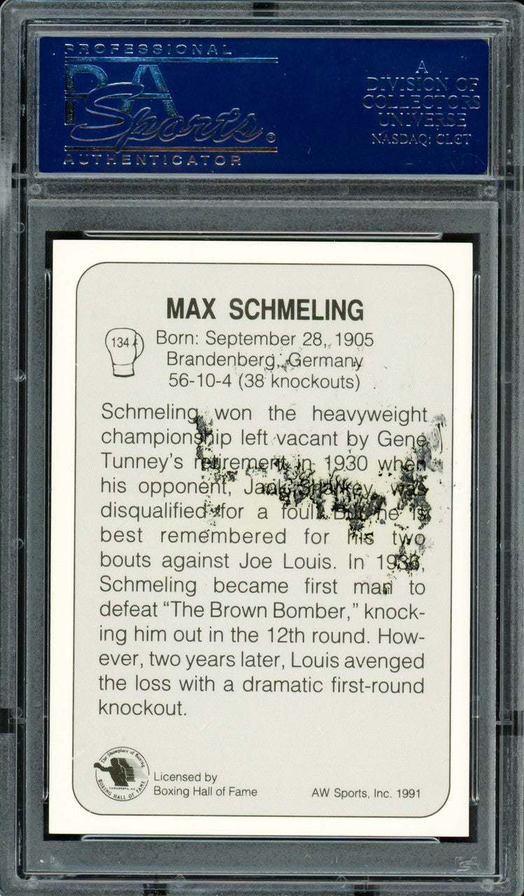 Max Schmeling Autographed 1991 AW Sports Card #134 (Smudged) PSA/DNA #83314048