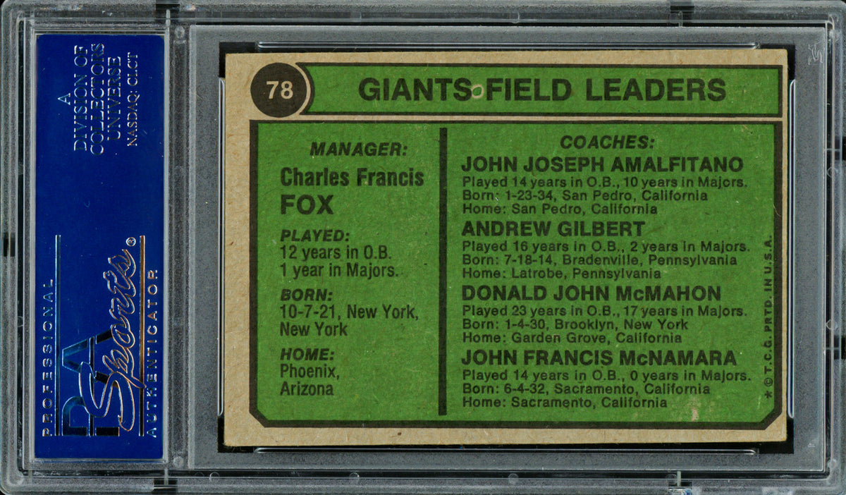 Charlie Fox Autographed 1974 Topps Card #78 San Francisco Giants PSA/DNA #83317527