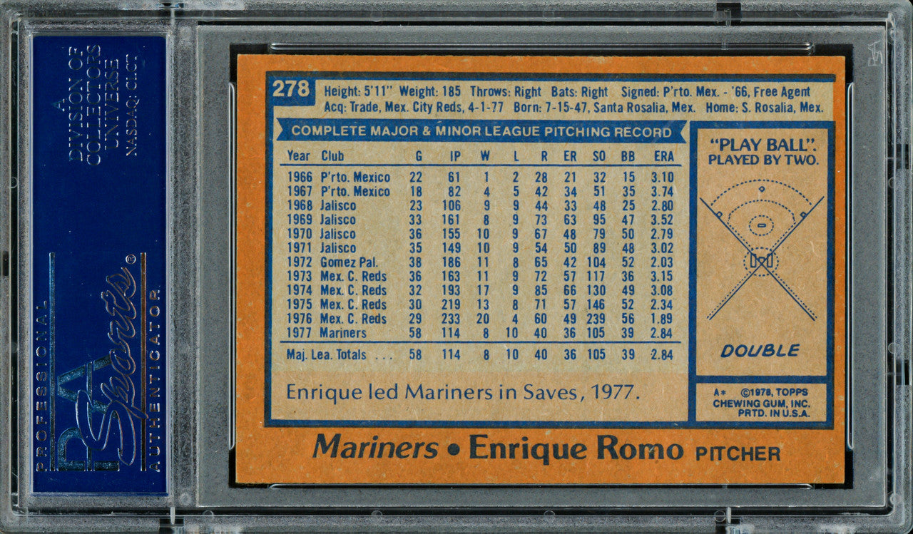 Enrique Romo Autographed 1978 Topps Rookie Card #278 Seattle Mariners PSA/DNA #83318261