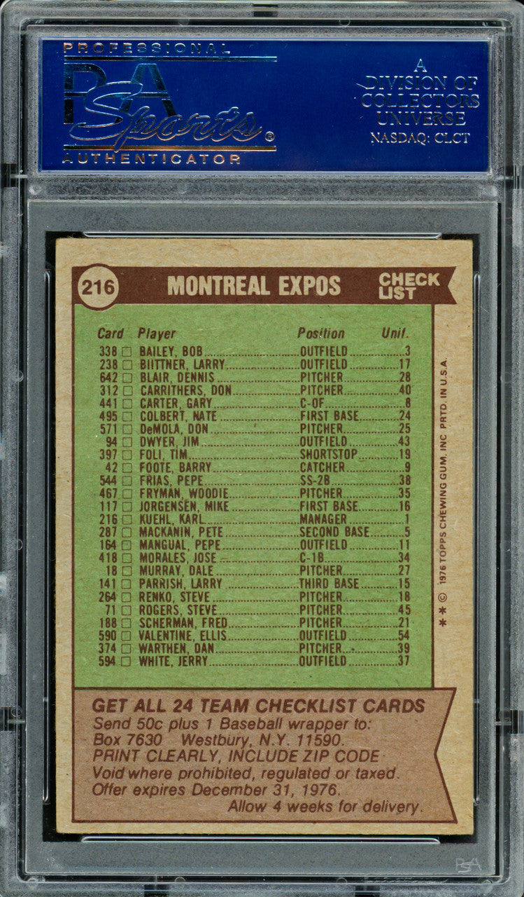 Karl Kuehl Autographed 1976 Topps Card #216 Montreal Expos PSA/DNA #83306699