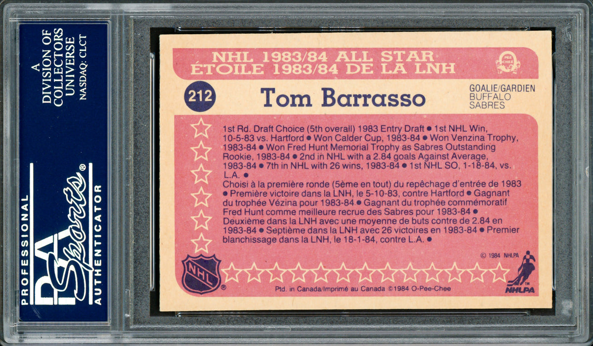 Tom Barrasso Autographed 1984-85 O-Pee-Chee Rookie Card #212 Buffalo Sabres PSA/DNA #83921188