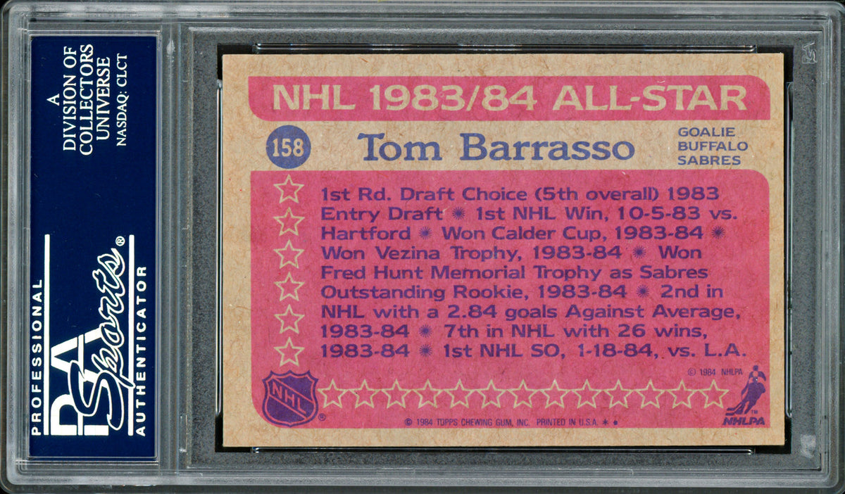 Tom Barrasso Autographed 1984-85 Topps Rookie Card #158 Buffalo Sabres PSA/DNA #83921178