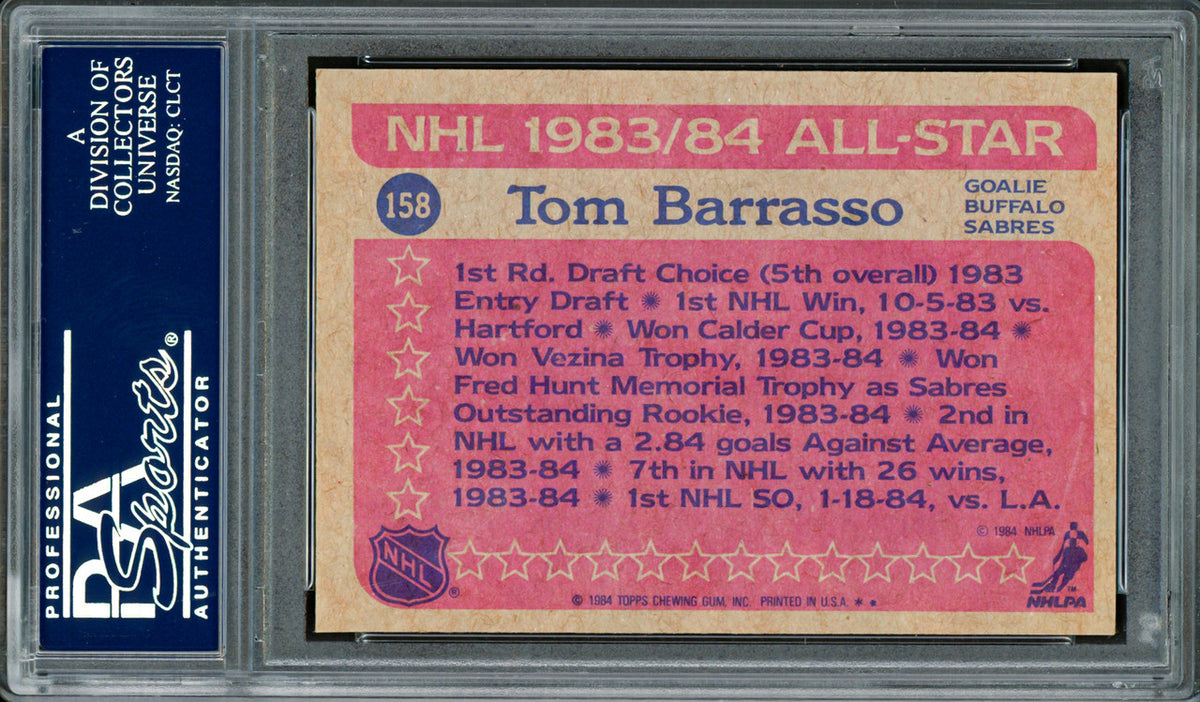 Tom Barrasso Autographed 1984-85 Topps Rookie Card #158 Buffalo Sabres PSA/DNA #83921180